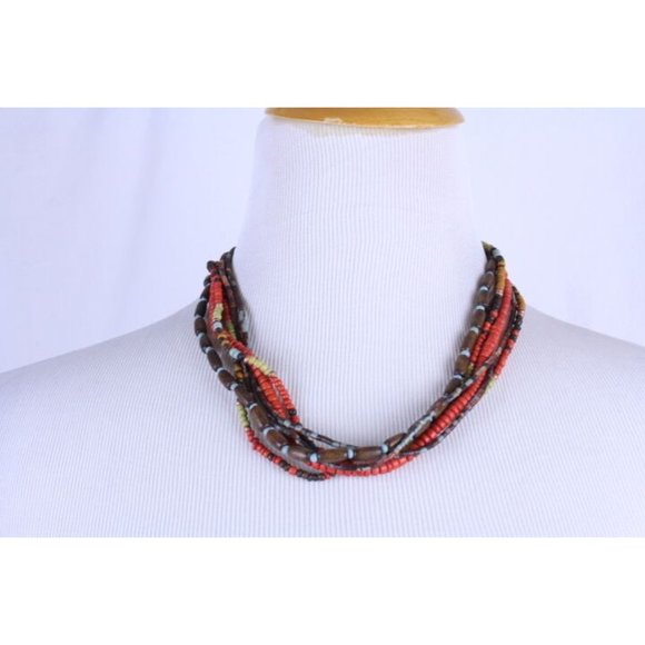 Multi 6 Strand Brown Orange Wood Bead Unisex Hipster Necklace 19" Button Close - Picture 5 of 5